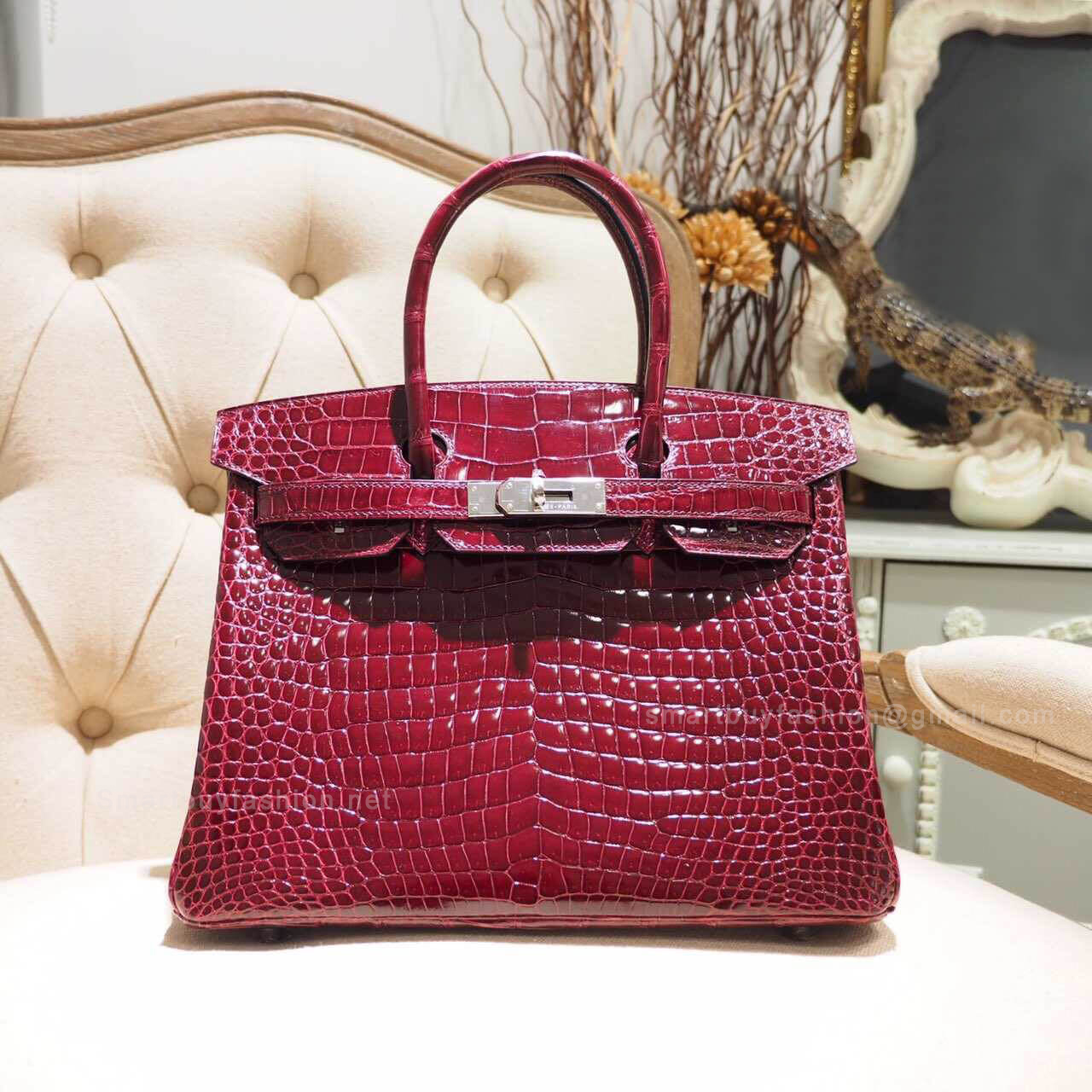 Hermes Birkin 30 Bag in Bourgogne Shiny Porosus Croc PHW